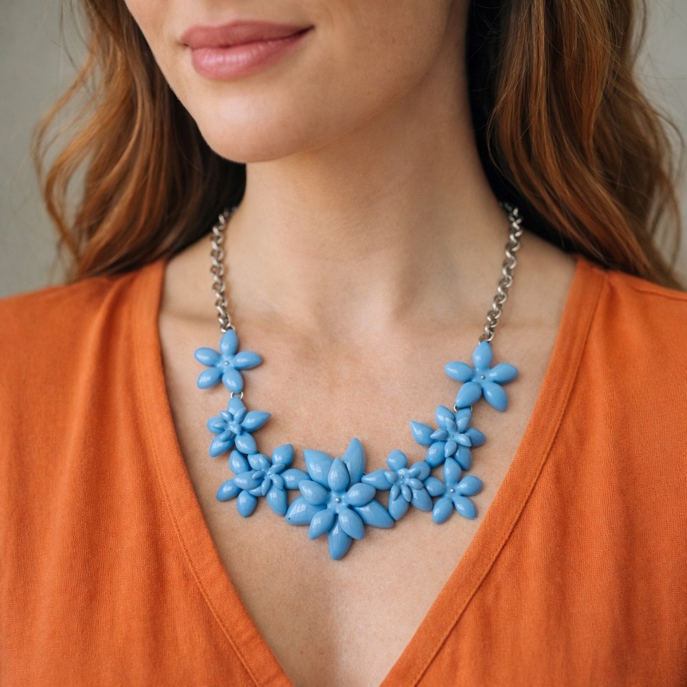TALBOTS BLUE FLOWER BOUQUET STATEMENT NECKLACE ART DECO SILVER 21”